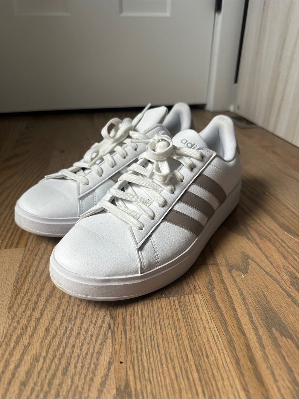 adidas White Sneakers with Shiny Taupe Stripes